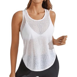 SweatyRocks Women's Scoop Neck Sleeveless Sheer Racerback Workout Tank Top Athletic Shirts White Medium