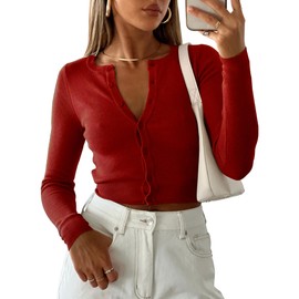 Purple Pocket Cardigan Sweaters for Women Crew Neck Cropped Sweater Tops Dressy Casual Long Sleeve Shirts Burgundy XS