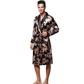 ZUEVI Men's Long Sleeve Satin Kimono Robe Dragon Lightweight Bathrobe Pajamas(BLACK-XL)