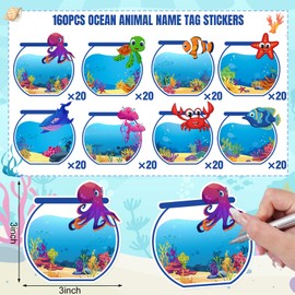 Whaline 160Pcs Ocean Theme Name Tag Stickers Sea Animal Summer Blank Nameplate Stickers Under The Sea Mixed Fish Self-Adhesive Name Label Decals for Students Gift Desk School Office