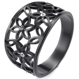 Stainless Steel Carved Flower Pattern Promise Wedding Statement Cocktail Party Ring (Black, 8)