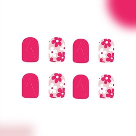 Flower Press on Nails Short Square Fake Nails Hot Pink False Nails Press ons with Designs Floral Glossy Full Cover Cute Acrylic Glue on Nails Artificial Stick on Nails for Women Nails Decoration 24Pcs