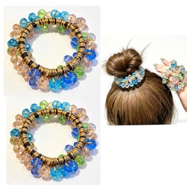 Crystal Beaded Hair ties Scrunchies, Pink and Blue Glass Beads, Black Elastic Band, 2 Pack hair accessories for women (bule-geen-yellow, Medium)