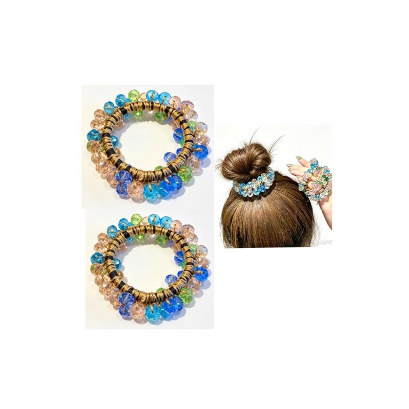 Crystal Beaded Hair ties Scrunchies, Pink and Blue Glass Beads,