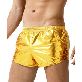 Casey Kevin Men's Metallic Shiny Boxer Shorts with Pockets Sparkly Sexy Hot Short Pants-Gold,XLarge