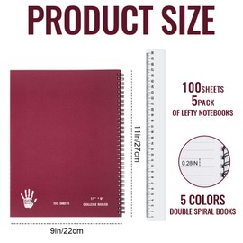 5 Pieces Jumbo Left Handed Notebook 100 Sheets/200Pages Left Handed Notebook 11 x 9 Inches Spiral Notebook Lefty Notebooks for Easier Left Handed Use Supplies (Elegant Color)