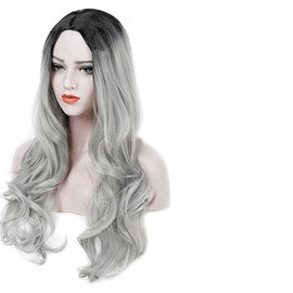 PORSMEER Long Grey Wig Natural Looking Wavy Wigs for Women, Cosplay Synthetic Hair Wig Middle Part Ladies Wigs 7-piece set including Wig+Wig Cap+Lace Mask+Bracelets+Necklaces+Gloves+Tattoo
