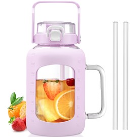 BLUEGO Water Bottle 64 oz Tumbler with Lid and Straw, Glass Water Bottle with Straw, Water Tumbler with Handle Half Gallon Water Jug Large Waterbottle for Daily Water Intake, BPA Free, Purple