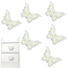 CPELLESSE 6 pcs Butterfly Cabinet Knobs, Crystal Cupboard Pulls Kitchen Drawer Handles, Furniture Hardware Dresser Knods and Pulls Jewelry Box Single Hole Pulls (Whtie)