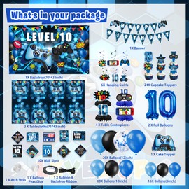KOTLMIGHT 10th Birthday Decorations for Boys, 149Pcs Blue Video Game level 10 Party Supplies for Boy 10th Birthday - Backdrop, Banner, Balloons, Tablecloth, Centerpieces, Hanging Swirls, Wall Signs