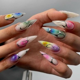 Colorful Press on Nails Long Stiletto Fake Nails White Full Cover False Nails with Silver Foil Stripe Design Glue on Nails Artificial Acrylic Nail Glossy Stick on Nails for Women Nail Art Decoration