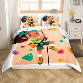 Erosebridal Cartoon Kid Climbing Twin Size Bedding Set for Boys Girls, Colorful Climbing Wall Printed Duvet Cover for Kids, Rock Climber Duvet Cover Set, Bouldering Sports Theme Bed Sets