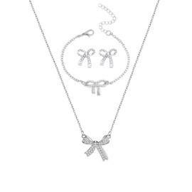 Asiamist Gold Bow Jewelry Set for Women Gold Bow Necklace Bracelet Earrings Set Rhinestone Bowknot Necklace Ribbon Earrings Christmas Holiday Jewelry (Rhinestone-silver)