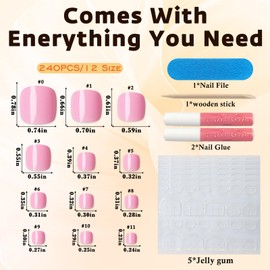 Bellelfin Short Press on Toenails, 240Pcs Solid Color Fake Toe Nail Glue on Toenails Full Cover Pink False Toes Nails Glossy Artificial Acrylic Toenail Press ons for Women Girls
