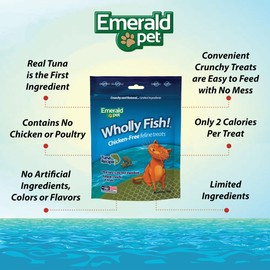 EMERALD PET Wholly Fish! Chicken-Free Feline Treats, Tuna Recipe — Tasty and Crunchy Tuna Cat Treats with Real Tuna — Chicken Free, Grain Free, Natural Cat Treats — Made in USA, 3 oz
