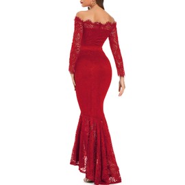 LALAGEN Women's Floral Lace Long Sleeve Off Shoulder Wedding Mermaid Dress Red L