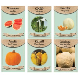 Set of 6 Melon & Gourd Garden Seed Collection – Grow Sweet Melons, Pumpkins, and Unique Gourds – Non-GMO, Heirloom, High Germination – Cantaloupe, Watermelon, Luffa & More