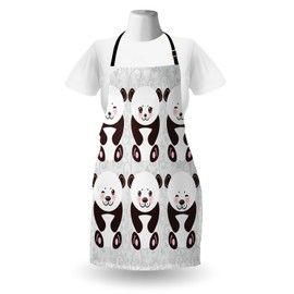 Lunarable Panda Apron, Kawaii Funny Panda Muzzle with Pink Cheeks and Big Black Eyes on Floral Theme Picture, Unisex Kitchen Bib Apron with Adjustable Neck for Cooking Baking Gardening, Brown Grey