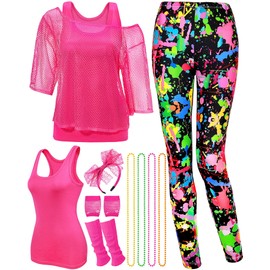 Jadive 12 Pcs 80s Costume Outfits Accessories for Woman Party Fishnet Shirt Legging Vest Hairband Necklace Gloves Leg Warmer(Rose Red, Splash Printed, Small)