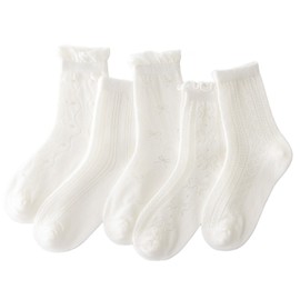 QKURT 5 Pairs Girls Summer Mesh Thin Socks, Frilly Ruffled Socks Cotton Ankle Sock for School Casual with Cute Bows for Kids Toddlers 1-12 Years Old