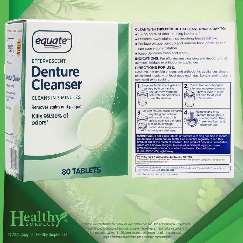Equate Denture Cleanser and 5 Denture Brushes Individually Wrapped Bundle