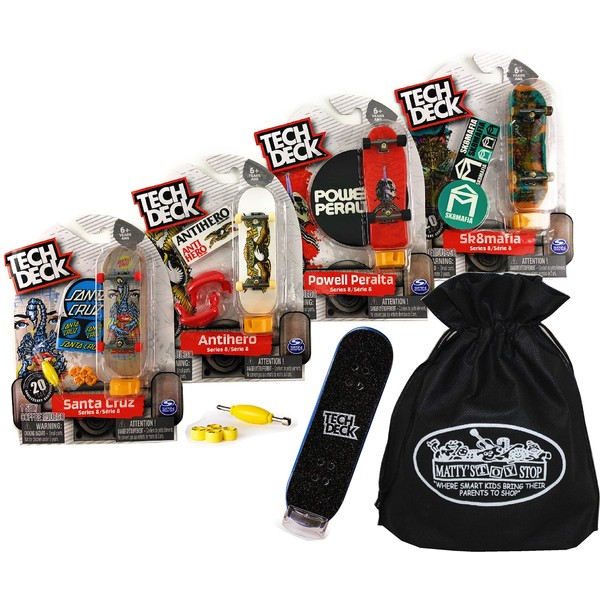 TECH DECK 96mm Individual Fingerboards Gift Set Party Bundle with Bonus Exclusive Matty's Toy Stop Storage Bag - 4 Pack (Assorted Styles)