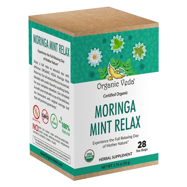 Organic Veda Moringa Mint Relax Tea Bags – USDA Organic Herbal Tea Made from Moringa Leaf, Mint, Chamomile flower and Ayurvedic Herbs for Mind Relaxing - 28 Count Tea Bags