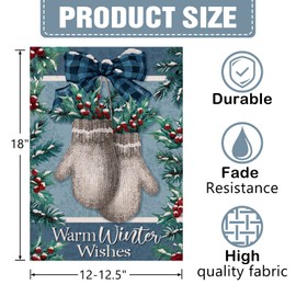 Dyrenson Warm Winter Wishes Gloves Decorative Garden Flag, Mitten Red Berries Farmhouse Yard Outside Decorations, Christmas Outdoor Small Decor 12x18