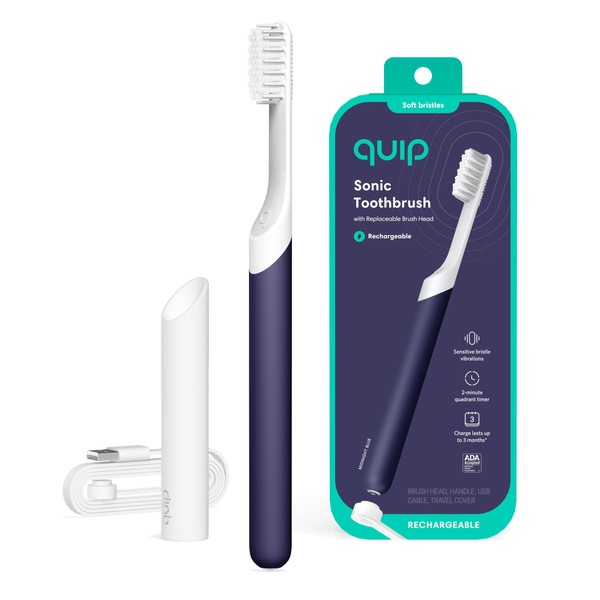 Quip Rechargeable Electric Toothbrush - Soft Bristle, Sonic Toothbrush with Magnetic Charging Cable & Habit Improving Timer - ADA Accepted Electric Toothbrush - Travel Toothbrush - Midnight, Plastic