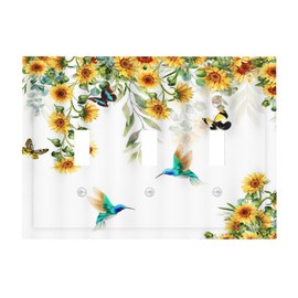 Spshian Yellow Sunflower Blue Hummingbird Butterfly 3 Gang Light Switch Covers Decorative Rustic Farmhouse Floral Plant Triple Toggle Wall Plate Cover 3 Hole Electrical Device Switchplate for Bathroom