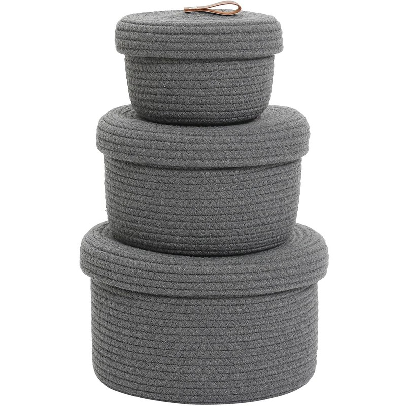 Cottonphant Set of 3 Stylish Round Woven Baskets with Lids