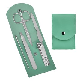 HANTEKAS Travel Manicure Set Professional Nail Clipper Kit-5 Pieces Stainless Steel Manicure Kit, Women Men Grooming kit With Nail Care Tools Beauty Scissors Tweezers (Silver Green)