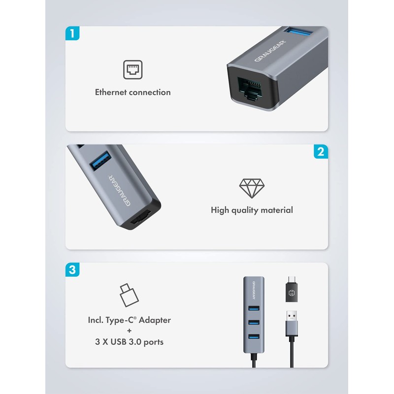 GRAUGEAR | 3 Ports USB 3.0 HUB + Gigabit Ethernet