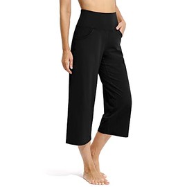 Promover Women's Yoga Capri Pants with Pockets Wide Leg High Waisted Workout Casual Lounge Dress Pants Bootleg Flare Stretch Crop Pants (Black, XL)