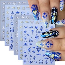 6 Sheets Bohemian Nail Stickers Gold Nail Art Stickers 3D Self-Adhesive Retro Pattern Flower Blue Silver Gold Flowers Designs Nail Art Supplies Summer Nail Decals for Women Girls Nail Decorations DIY