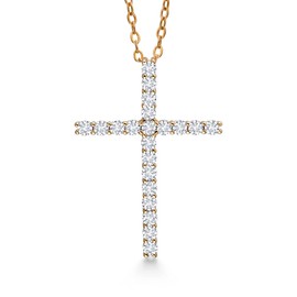 Gem Stone King 18K Yellow Gold Plated Silver White Round Moissanite Tennis Cross Pendant Necklace For Women (0.80 Cttw, 1 Inch, with 18 Inch Silver Chain)