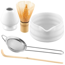 Handcrafted Bamboo Matcha Whisk Set, Ceramic Matcha Bowl with Pouring Spout and Stainless Sifter, Matcha Whisk Holder, Bamboo Scoop Exquisite Matcha Kit for Matcha Tea (Style-01)