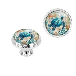 Elohiym 6 Pack Silver Drawer Pulls, Blue Sea Turtle Nautical Map Cabinet Knobs Crystal Glass Dresser Knobs for Kitchen Bathroom Hardware