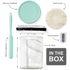 Premium Sourdough Starter Jar - 40oz Large Sourdough Jar with Marked Feeding Band, Thermometer, Scraper, Cloth Cover and Silicone Lid/Base, Wide Mouth Starter Kit - Mint