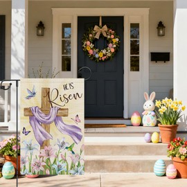 Heyfibro He is Risen Easter Wooden Cross Garden Flag 12x18 Double Sided Burlap, Lily Flower Hummingbird Butterfly Yard Banner for Holiday Farmhouse Jesus Religious Outdoor Decor(ONLY FLAG)