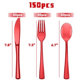 150 Pack Red Plastic Silverware, Red Silverware Set, Red Utensils, Red Plastic Cutlery 50 Red Plastic Forks, 50 Plastic Spoons, 50 Red Knives for Birthday, Wedding, Christmas Party