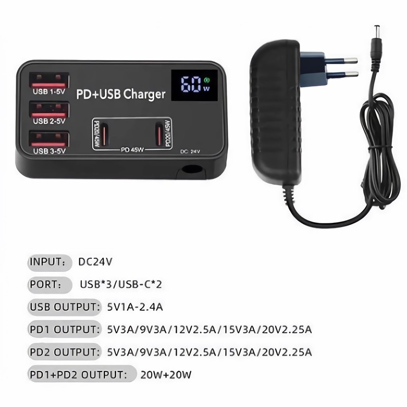 J50CS 65W USB-C Charger with 5 Ports, Fast Charger with
