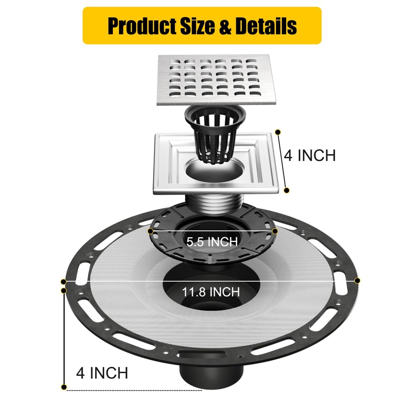 Fibetter 4 Inch Square Shower Drain Brushed with PVC Bonding