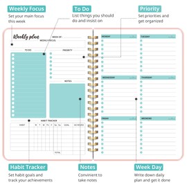 Undated Weekly Planner, Weekly To Do List Notebook with Goal & Habit Tracker Organizer, A5 Weekly Planner Notebook with Spiral Binding, 6.1" x 8.2" - Rosy