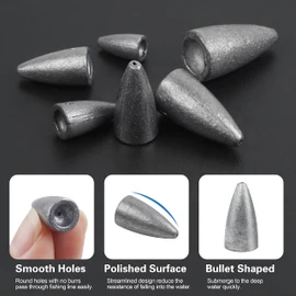 Bullet Fishing Weights Sinkers, 50pcs Worm Weights Slip Sinkers Sliding Fishing Weights for Bass Fishing Pitching and Flipping Texas Rigs Saltwater Freshwater Fishing Tackle (1/4oz-50pcs)