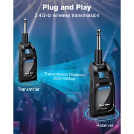 Wireless Guitar System 2.4 GHz with 6 Channels Rechargeable Audio Wireless Guitar Transmitter Receiver for Guitar Bass Electric Instruments