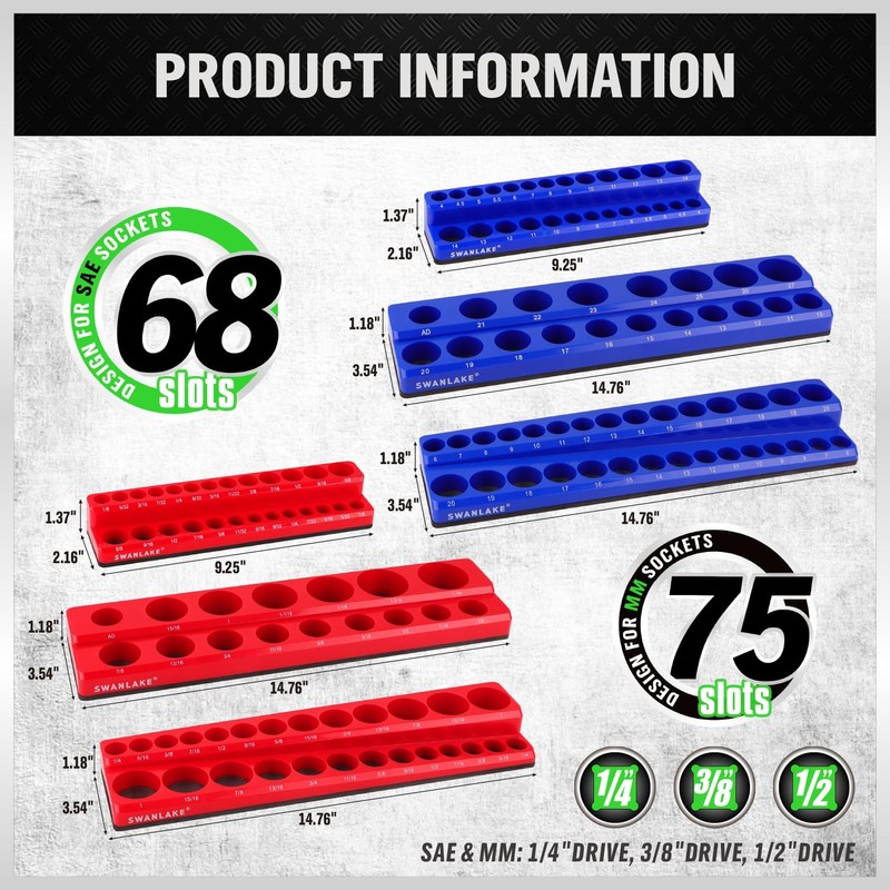 SWANLAKE Magnetic Socket Organizer Set, 1/4", 3/8", 1/2" Sockets Holds