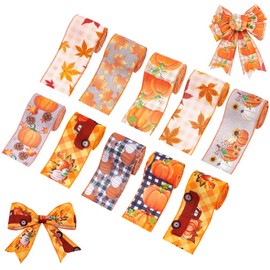 AHANDMAKER 10 Rolls 21.9yard Fall Wired Edge Ribbons Thanksgiving Day Theme Linen Ribbons 2.5in Rustic Autumn Harvest Burlap Ribbon for Sewing Decoration Gift Wrapping Bow Wreath Making Craft Supplies