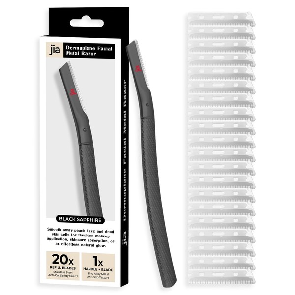 Jia Dermaplane Facial Metal Razor with 20 Blades, Black Sapphire