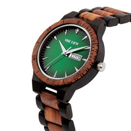MII YEW Men's Wooden Watch Lightweight Analog Quartz Handmade Wood Watches Green Dial with Date